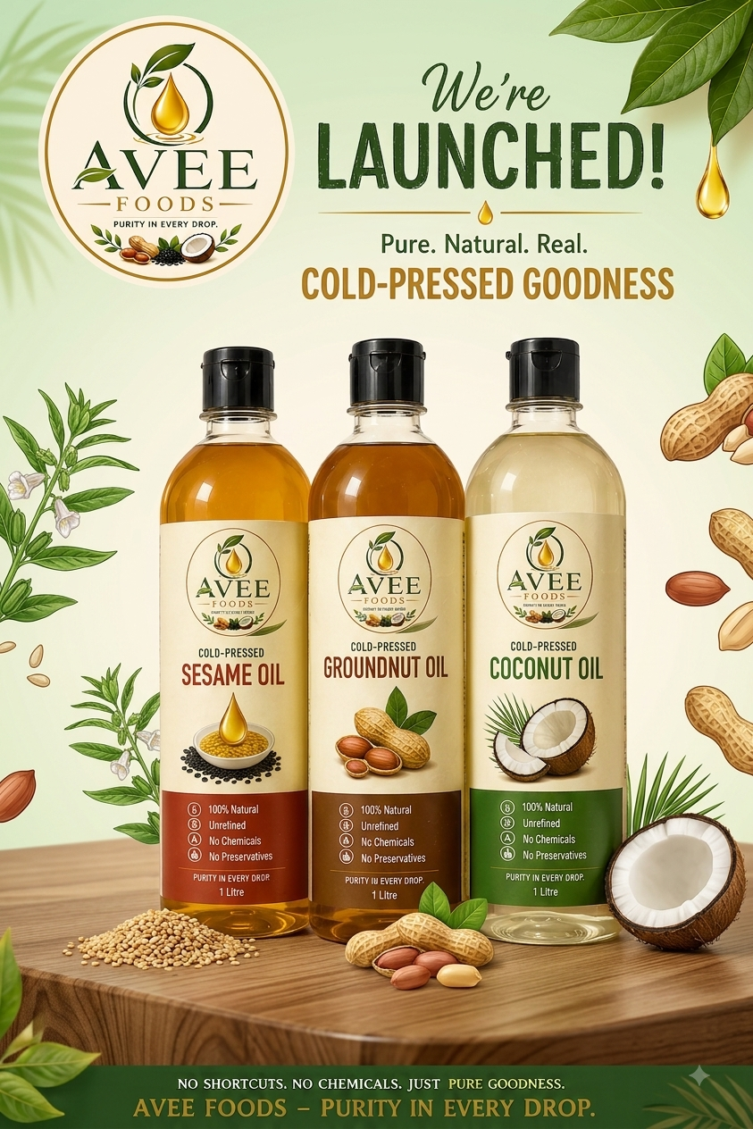 Avee Foods cold pressed sesame, groundnut and coconut oil in one litre bottles